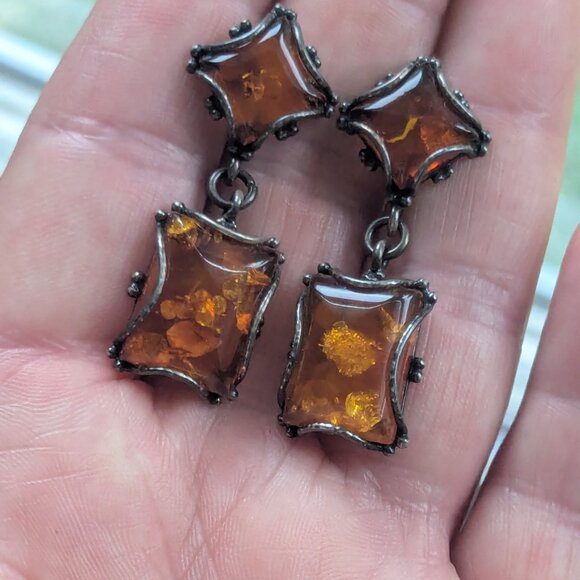 Vintage Amber Acrylic Gold Brass Metal Cocktail Dangle Earring Great Gatsby Boho - Picture 7 of 7